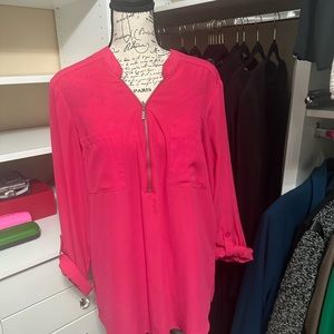 Barbie pink Chiffon zipper blouse with roll up sleeve